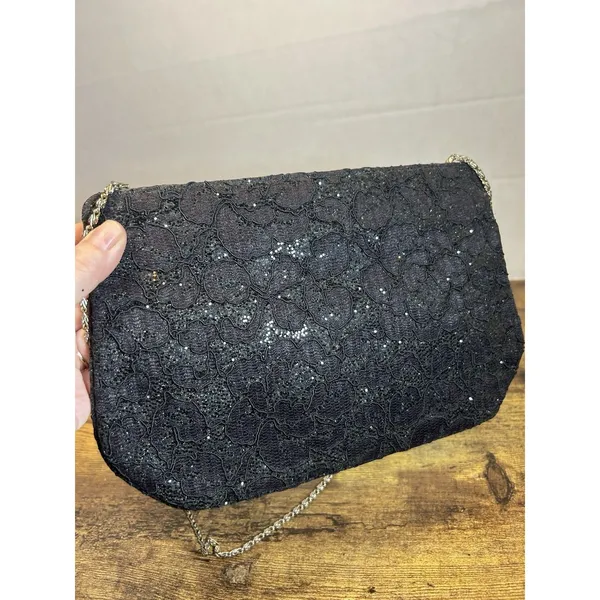 Vintage Black Floral Lace Glitter Evening Bag Gold Tone Chain Strap Formal Purse - Image 2