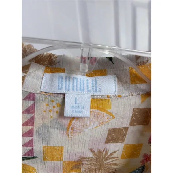 Bunulu Lemon Fruit Print Button Down Shirt Womens Size L Yellow Tropical Rayon - Image 3