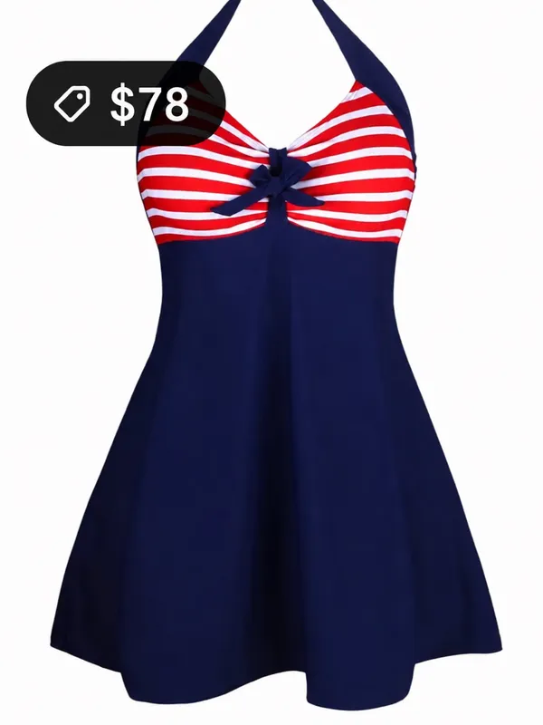#S41 Navy Halter Swim Dress with Red & White Striped Bust - M - Image 6