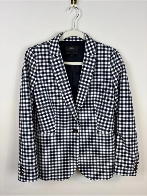 J. Crew Parke Gingham Blazer Women’s 2 Cotton Single Button Navy White - Image 2
