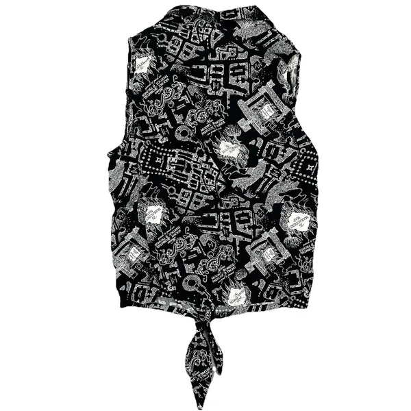 Harry Potter Marauders Map Black Sleeveless Button Up Tie Front Top Womens Large - Image 2