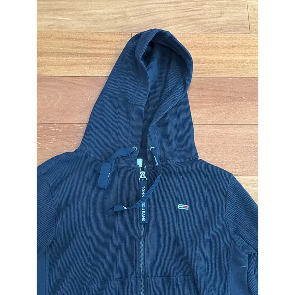 Tommy Jeans Zip Up Hoodie Womens Navy Waffle‎ Knit Thermal Flag Logo M - Image 2