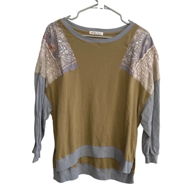 Free‎ People Feeling It Patchwork Sweatshirt Jersey Khaki Blue Paisley Small - Image 4