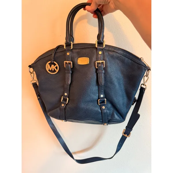 Michael Kors Womens Satchel Medium Navy Leather Bedford Gold Buckle Crossbody - Image 2