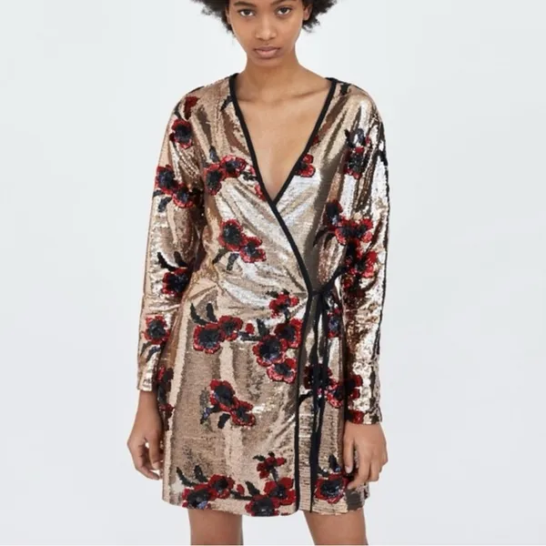 ZARA Gold with Red & Black Floral‎ Sequins Crossover Wrap Mini Dress Size XS - Image 3