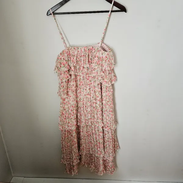 Something Navy Dress Floral Pleated Tiered Cream Multi Maxi Midi Garden Party - Image 7