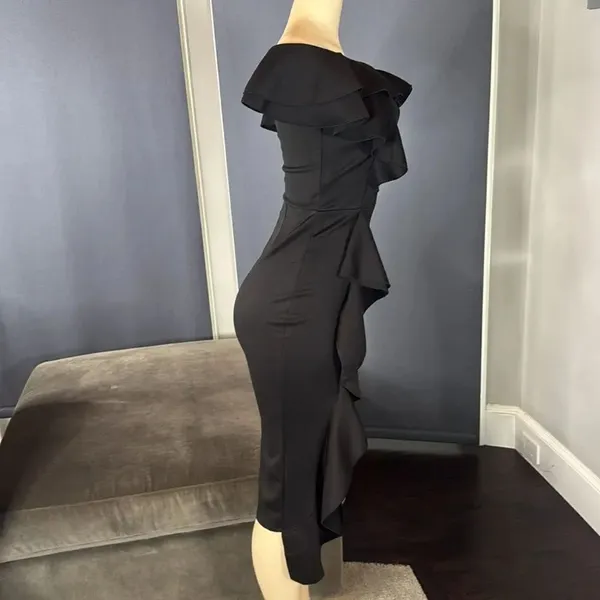 Women’s Black Off-Shoulder BodyCon Midi Dress with Ruffles Size S NWOT - Image 4