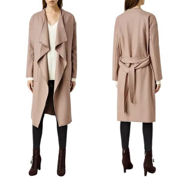 AllSaints Paxx Italian Wool Wrap Waterfall Trench Coat Dune Small Winter Jacket - Image 3