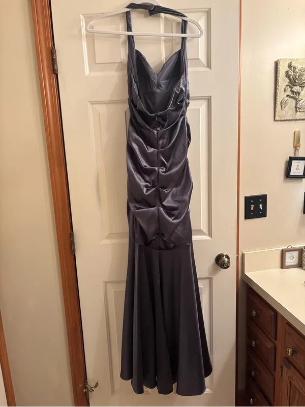 Blondie Nites Silver-Gray Ruched Satin Prom Gown - Image 4
