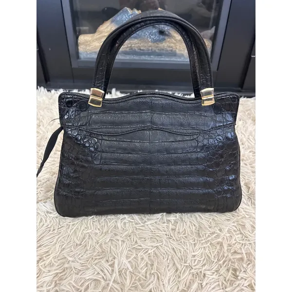 Vintage Black Embossed‎ Crocodile Texture Top Handle Handbag Gold Hardware Women - Image 6