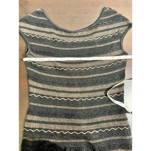 Peruvian Connection Black Gold Metallic Zig Zag Knit Cap Sleeve Mini Dress Small - Image 9