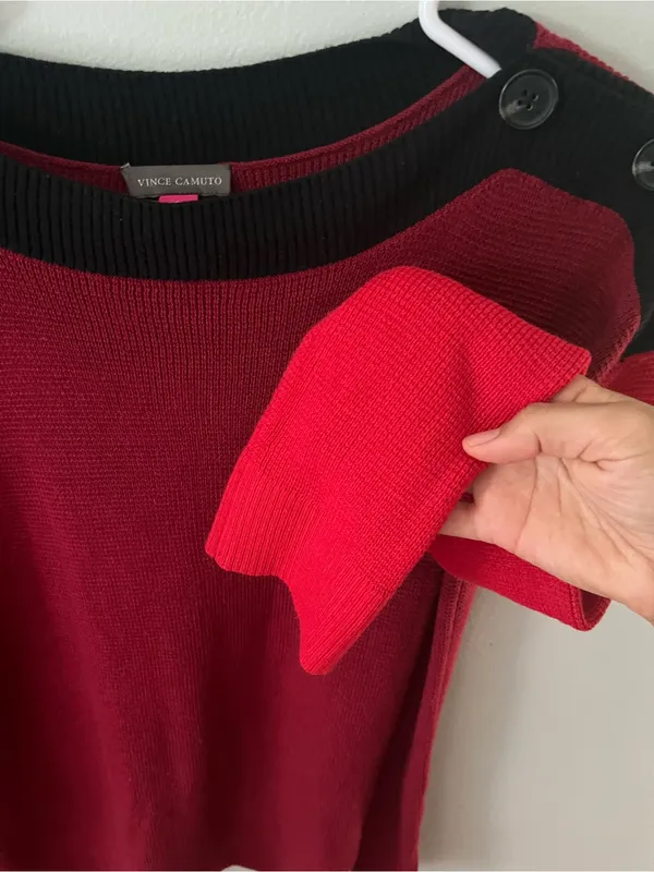 Vince Camuto Two-Tone Red Off-the-Shoulder Button Sweater - Image 5