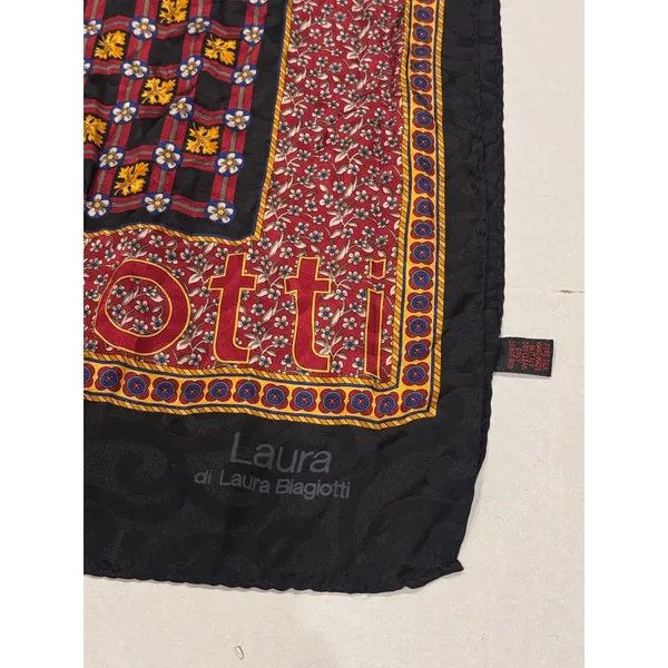 Laura Biagiotti Scarf Womens Red Black Silk Floral Medallion Logo Italy 60in‎ - Image 5