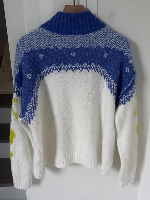Free People Mythical Knit Sweater Printed Hearts Zip Blue Yellow Combo - Image 5