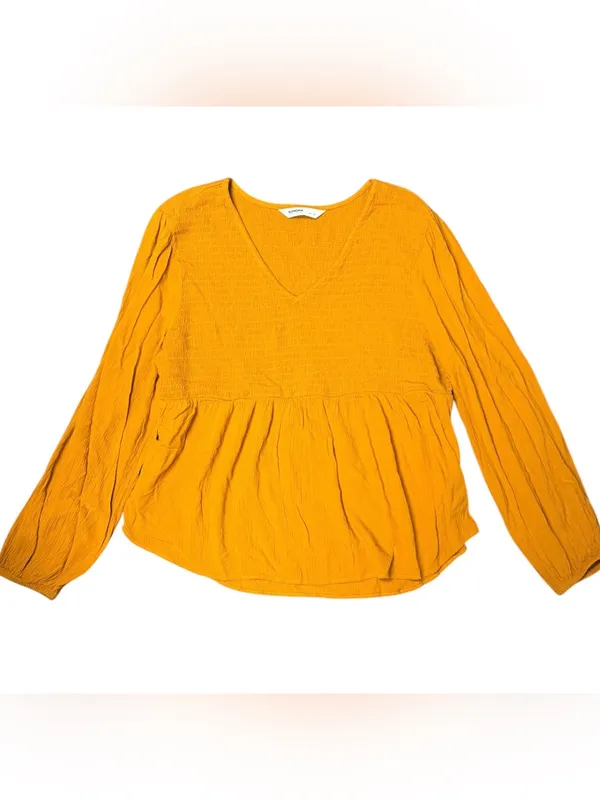 Sonoma Mustard Yellow Smocked Babydoll Peasant Blouse Large Boho Hippie - Image 2