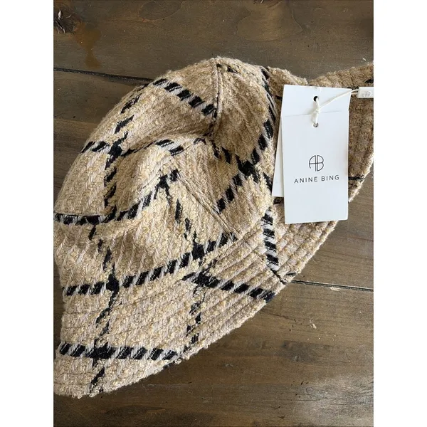 Anine Bing Cleo Bucket Hat Womens Size‎ M/L Tan Black Plaid Tweed Wool Blend - Image 2