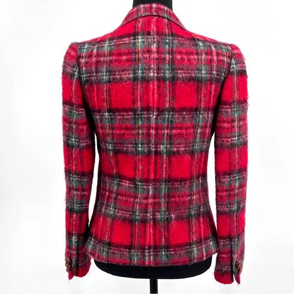 Vintage Mohair Wool‎ Blazer Women's Tartan Plaid Classic Jacket Red Size 4 Small - Image 3