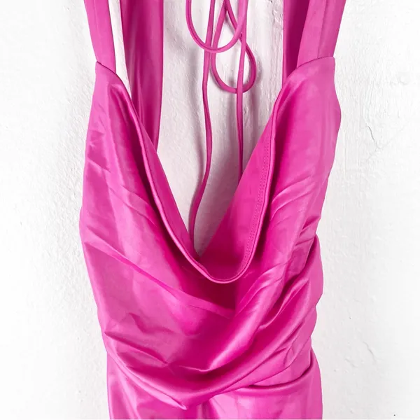 LUCY IN THE SKY Pink Draped Front Ruched Sides Low Back Cutout Mini Dress Small - Image 10