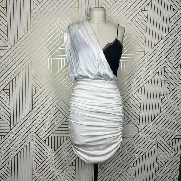 Alice + Olivia Bianca Mini Dress Ruched One-Shoulder‎ Silk White Black Size 6 - Image 3