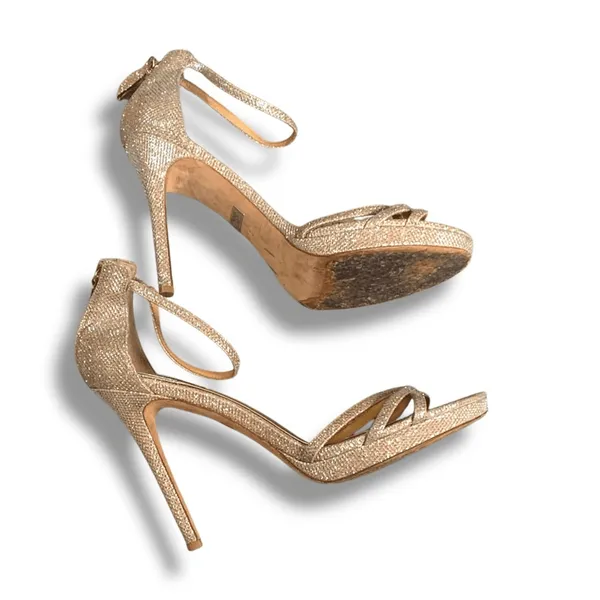 Badgley Mischka Gold Glitter Strappy Heels Ankle Strap Size‎ 9 Zip Back Bridal - Image 3