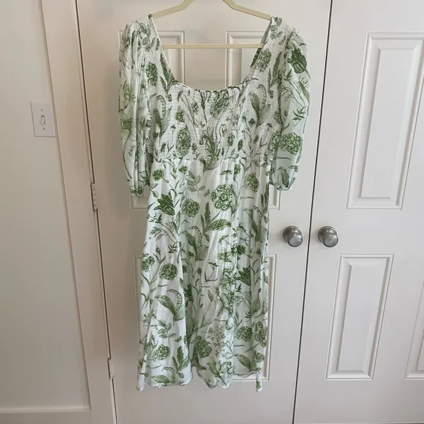 Green Botanical Print Puff Sleeve Midi Dress - Image 3