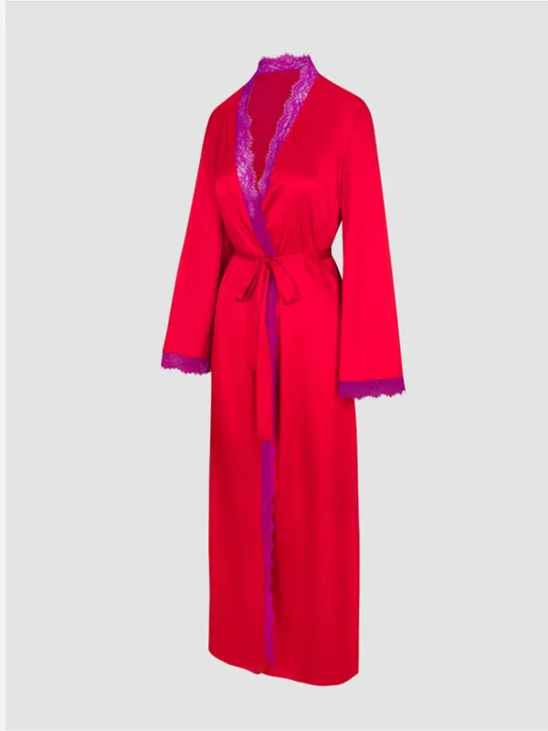 Savage‎ X Fenty Timeless Red Satin Robe with Purple Lace Trim large - Image 2