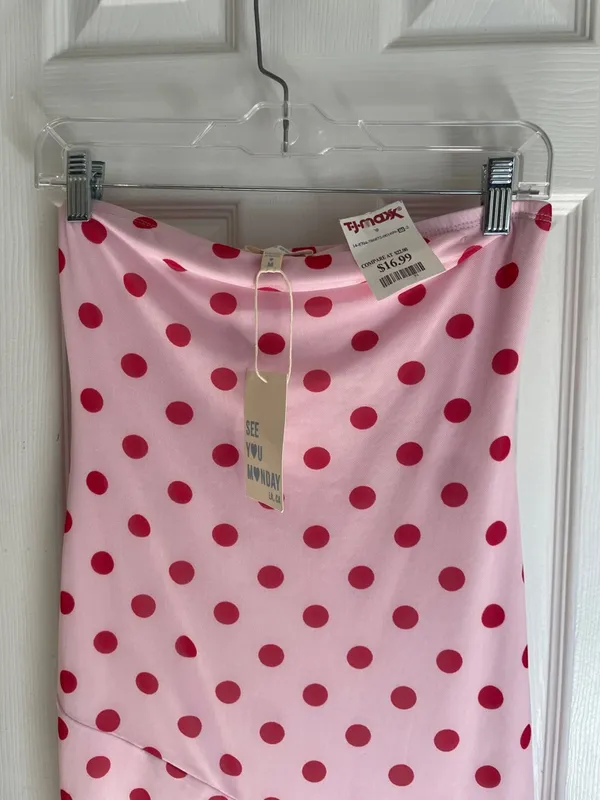 See You Monday Pink Coquette Cottagecore with Red Polka Dot Midi Strapless Dress - Image 2