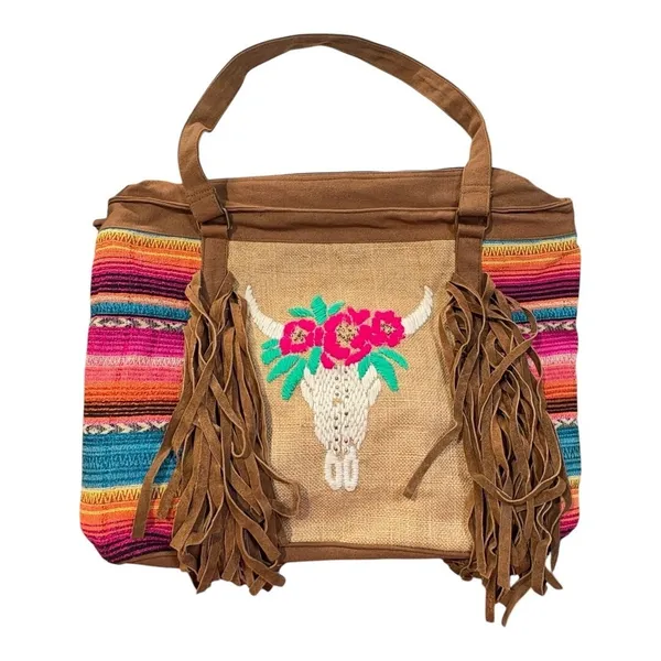 Tote Bag Womens Large Multi-Color Serape Western Boho Longhorn Fringe‎ Hippie - Image 3