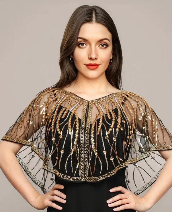 ALDO Stunning black cape with intricate gold beading. Perfect for formal occasions. - Image 2