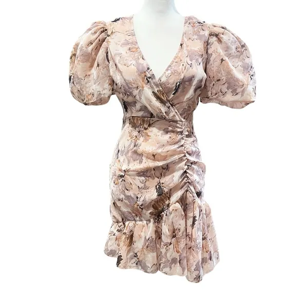 MISSGUIDED Mini Dress Size 0 Pink NWT Floral Coquette Flirty Puff Sleeve Frill - Image 4