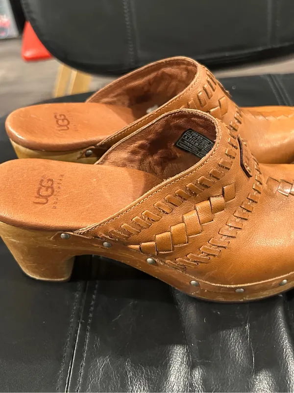 UGG Tan Woven Leather Clog Mules - Image 4