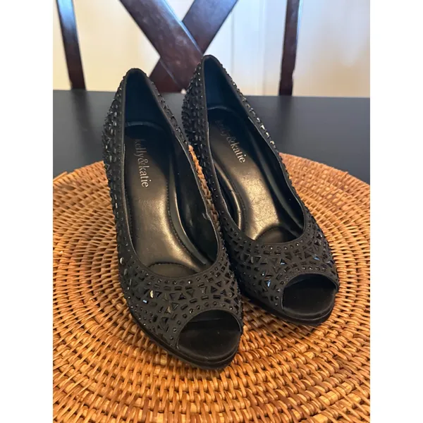 Kelly & Katie Black Studded Rhinestone Peep Toe Platform‎ Pumps Heels Size 7 - Image 6
