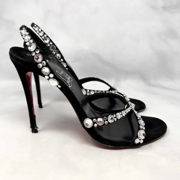 Christian Louboutin Emilie Strass 100 Embellished Strappy Sandal Heels Black 38 - Image 2