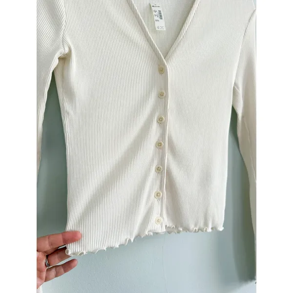 Madewell | NWT Lettuce Hem‎ V Neck Cardigan Ivory Ribbed | Sz XXS - Image 5