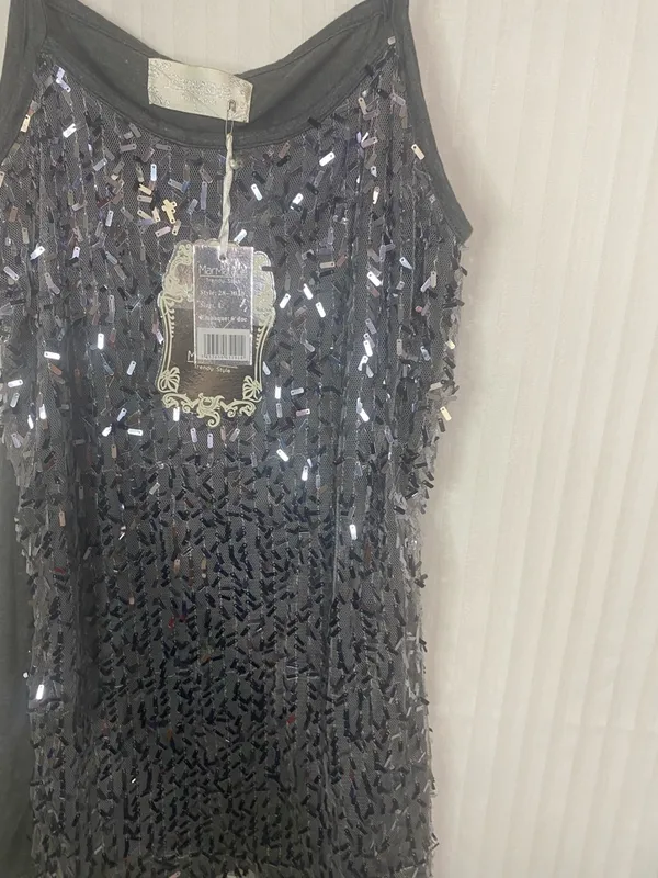 Sparkling Dark Gray Sequin Spaghetti Strap Tank Black Size L - Image 5
