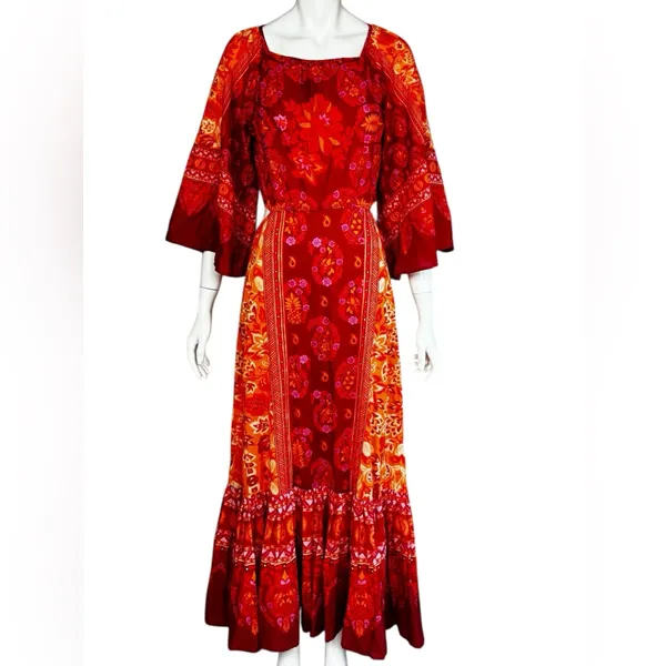 FARM Rio 100% Cotton Vibrant Red and Orange Long Sleeve Dress Size Medium - Image 2
