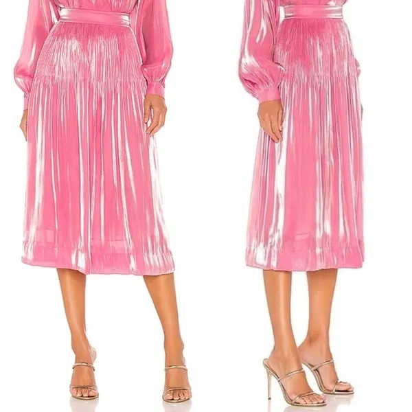Rhode Farrah‎ Pleated Lamé Midi Skirt Metallic Shimmer Rosh Pink $465 Size 4 - Image 2