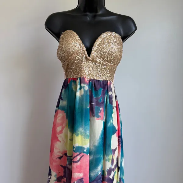 Reverse‎ Boho Beachy Ethereal Glitter Tropical Floral Sequin Maxi Dress M - Image 2