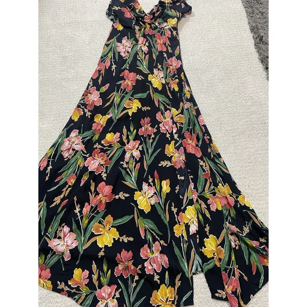 Privacy Please Black Floral Ruffle Maxi Dress Adjustable Straps V-Neck Size S - Image 14