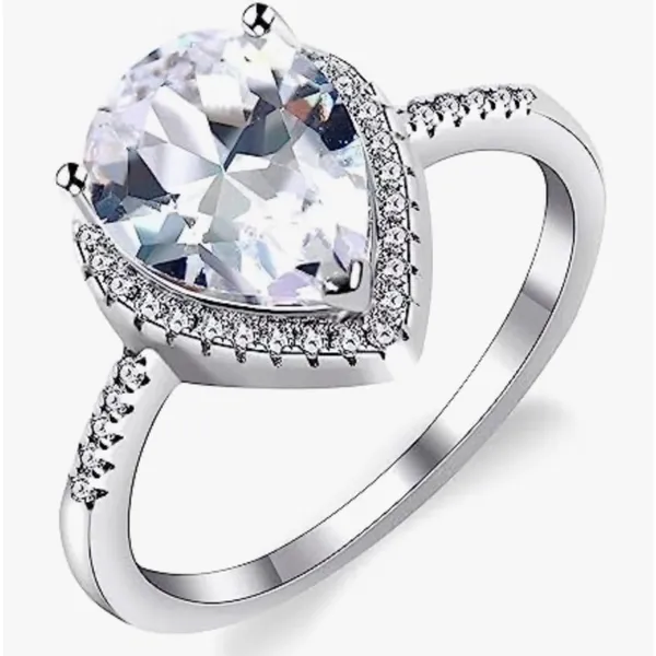 Boutique NEW Women's 3Ct Rhodium S925 Pear Halo‎ Teardrop Engagement Ring, Size 7 - Image 3