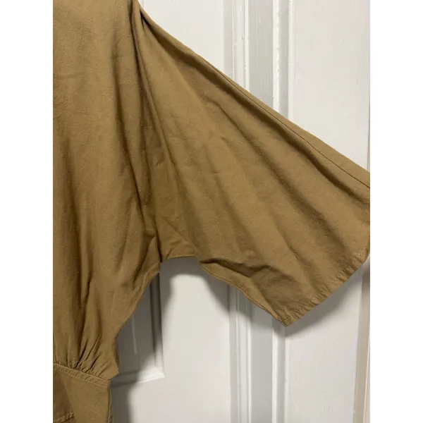 Vintage NEWS from California Asymmetrical Zip Midi Dress Tan Dolman Sleeve L - Image 5