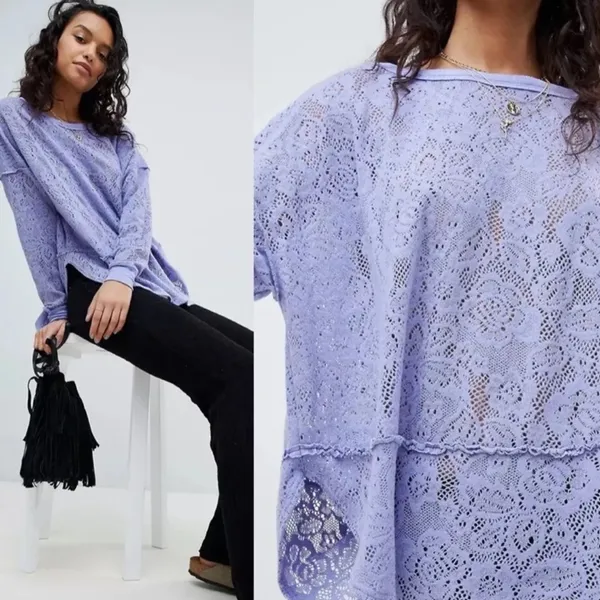 FREE PEOPLE Purple Glacier Not Cold In This Top Lilac Lace Pullover Top Crew - Image 3