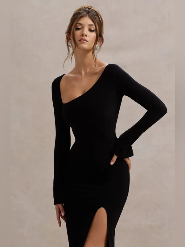 NWT Club L London‎ COSMOS Black Asymmetric Long Sleeve Split Maxi Dress Size 4 - Image 3