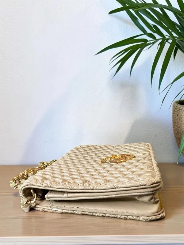 Bebe Woven Clutch Purse Chain Strap Beige Gold Tone Logo Bag - Image 6
