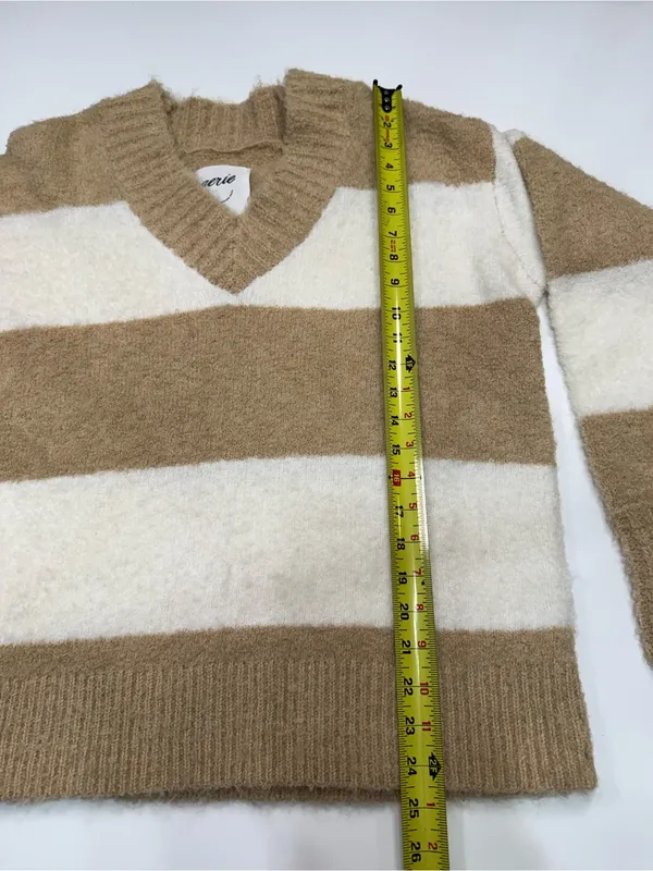 aerie Wide-Striped V-Neck Sweater in Cream and Tan - Image 3