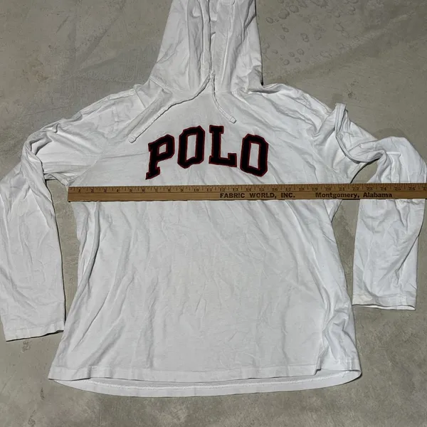 Polo Ralph Lauren Women's White Pullover Hoodie Big POLO Patch SZ L Lightweight - Image 6