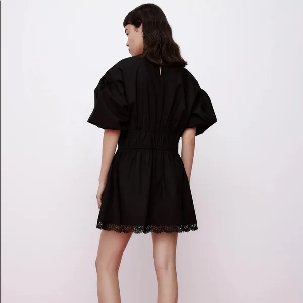 Zara Mini DRESS W/ MATCHING LACE TRIM BALOON SLEEVES Black Size XS NEW - Image 11