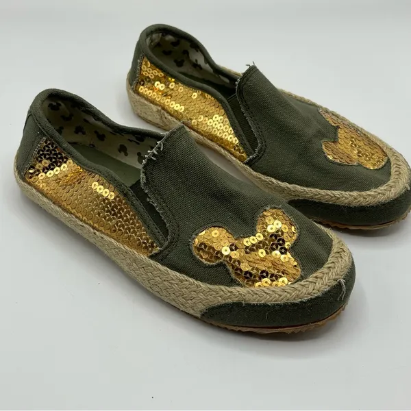 Mickey Mouse Sz 7 Slip On Shoes Green Gold Sequins Espadrille Soles - Image 2