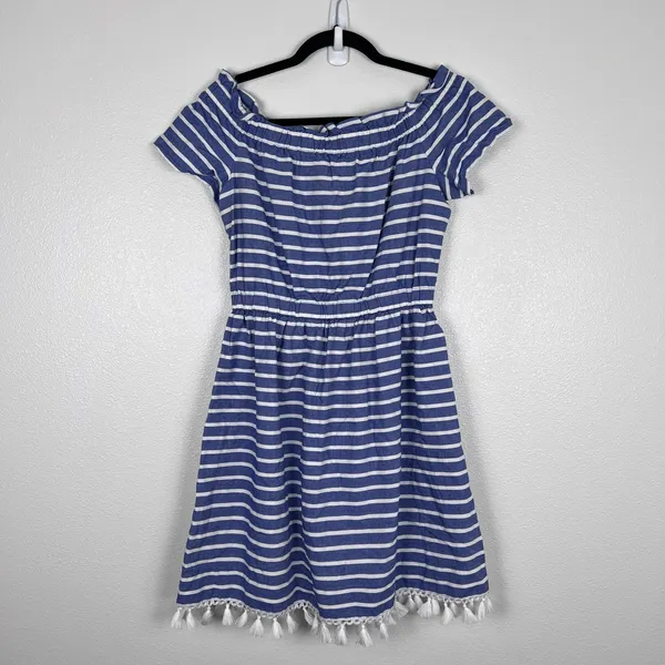 Eliza J Women Blue White Stripe Off The Shoulder Tassel Dress 6‎ - Image 9