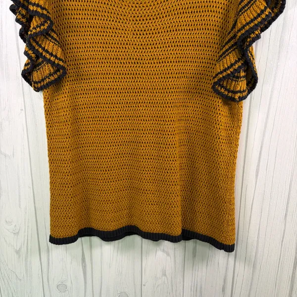 LOFT Open Knit Flutter Sleeve Top‎ in Mustard Yellow & Navy, Medium - Image 5